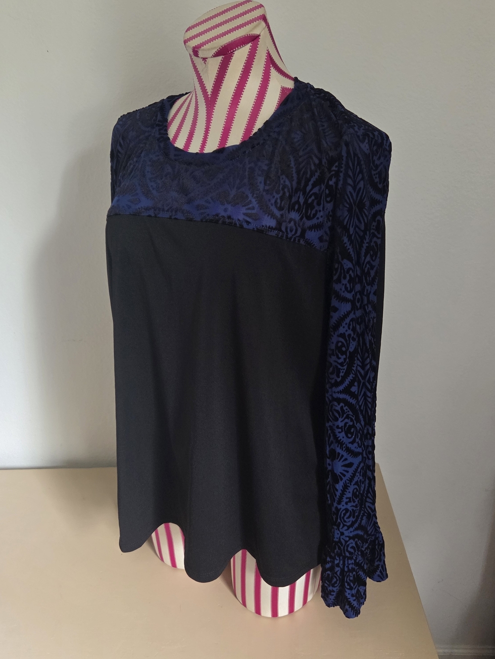 Cato Black Top with Deep Blue Patterned Yoke and Sleeves